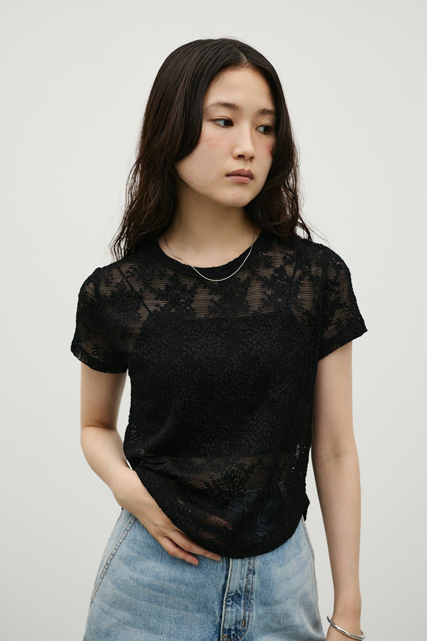 ジャガードレースカットトップ BLK FREE