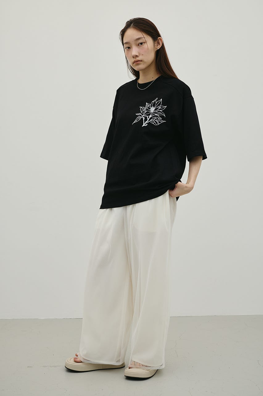 フロッキープリントフラワーT BLK FREE