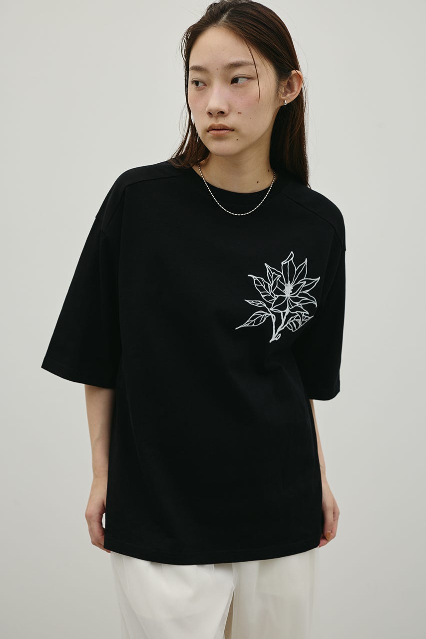 フロッキープリントフラワーT BLK FREE