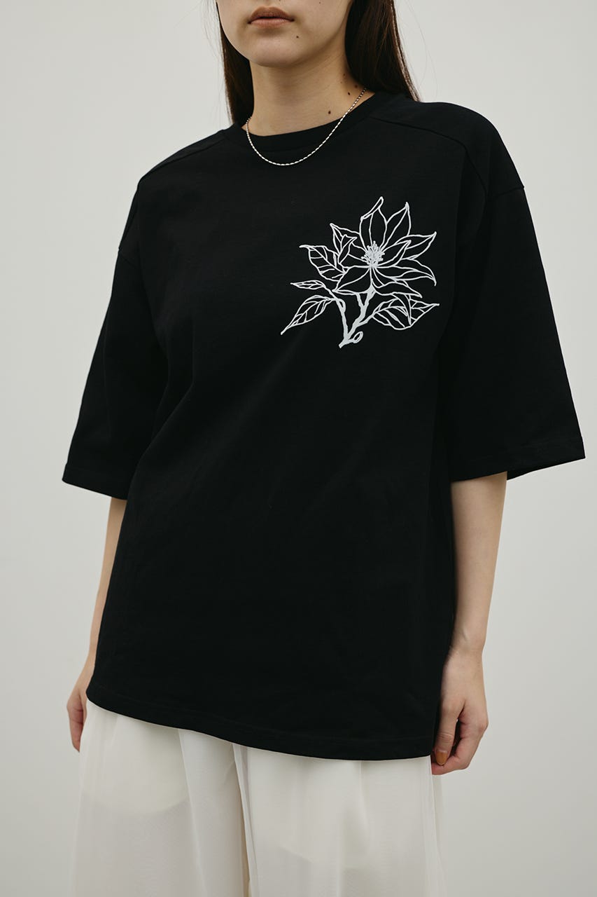 フロッキープリントフラワーT BLK FREE