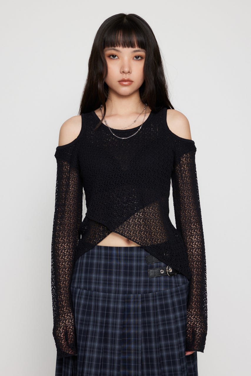 OVERLAP MESH トップス BLK FREE