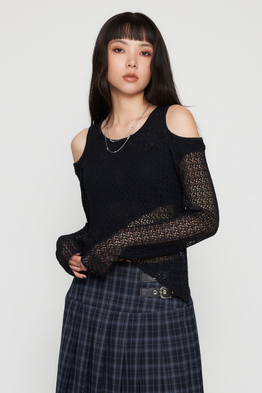 OVERLAP MESH トップス BLK FREE