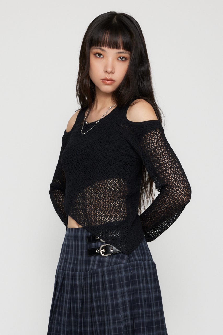 OVERLAP MESH トップス BLK FREE