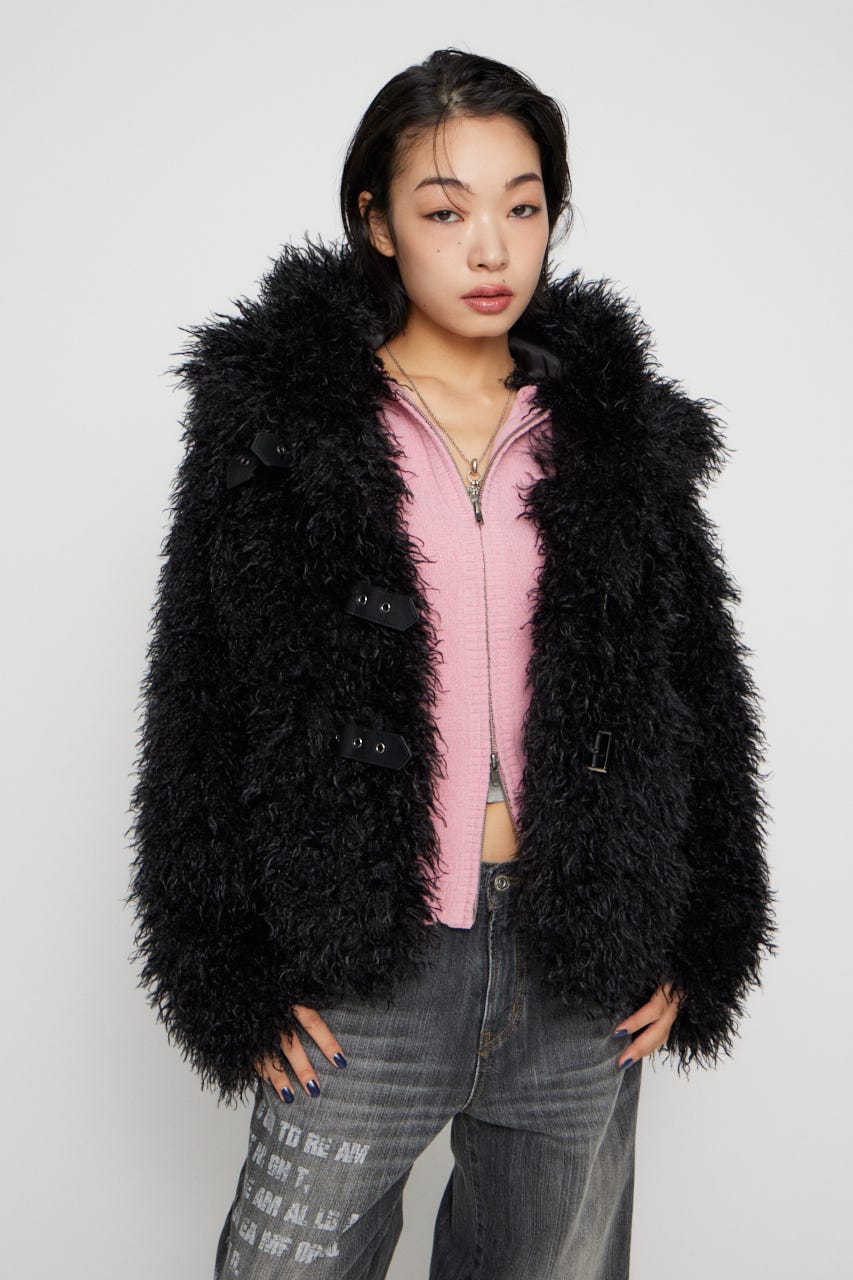 LONG FAUX FUR BELTED ジャケット BLK FREE
