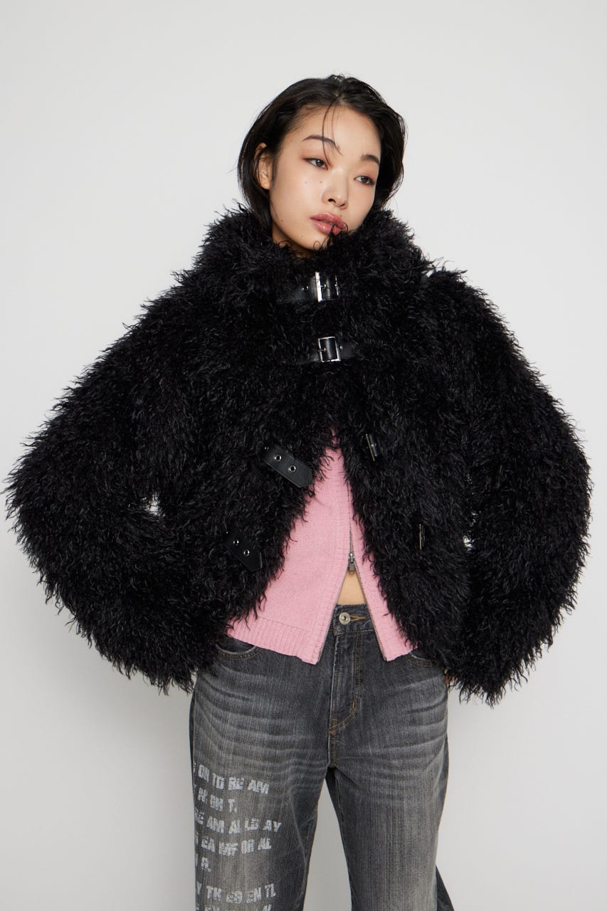LONG FAUX FUR BELTED ジャケット BLK FREE