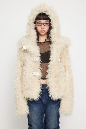 LAGUA GEM ホワイト ファー付きジャケット LAGUA GEM アウター POMPOM FAUX ファージャケット レディース