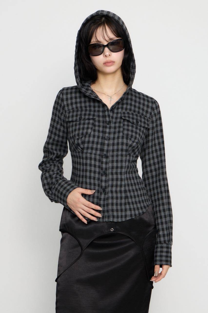 CHECK HOODIE シャツ BLK FREE