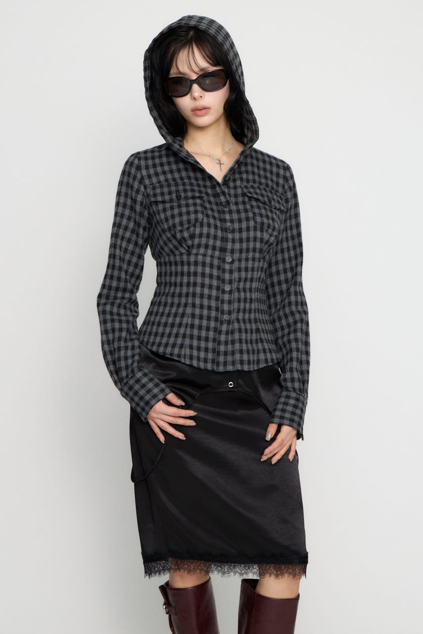 CHECK HOODIE シャツ BLK FREE