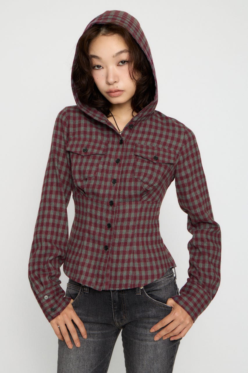 CHECK HOODIE シャツ RED FREE