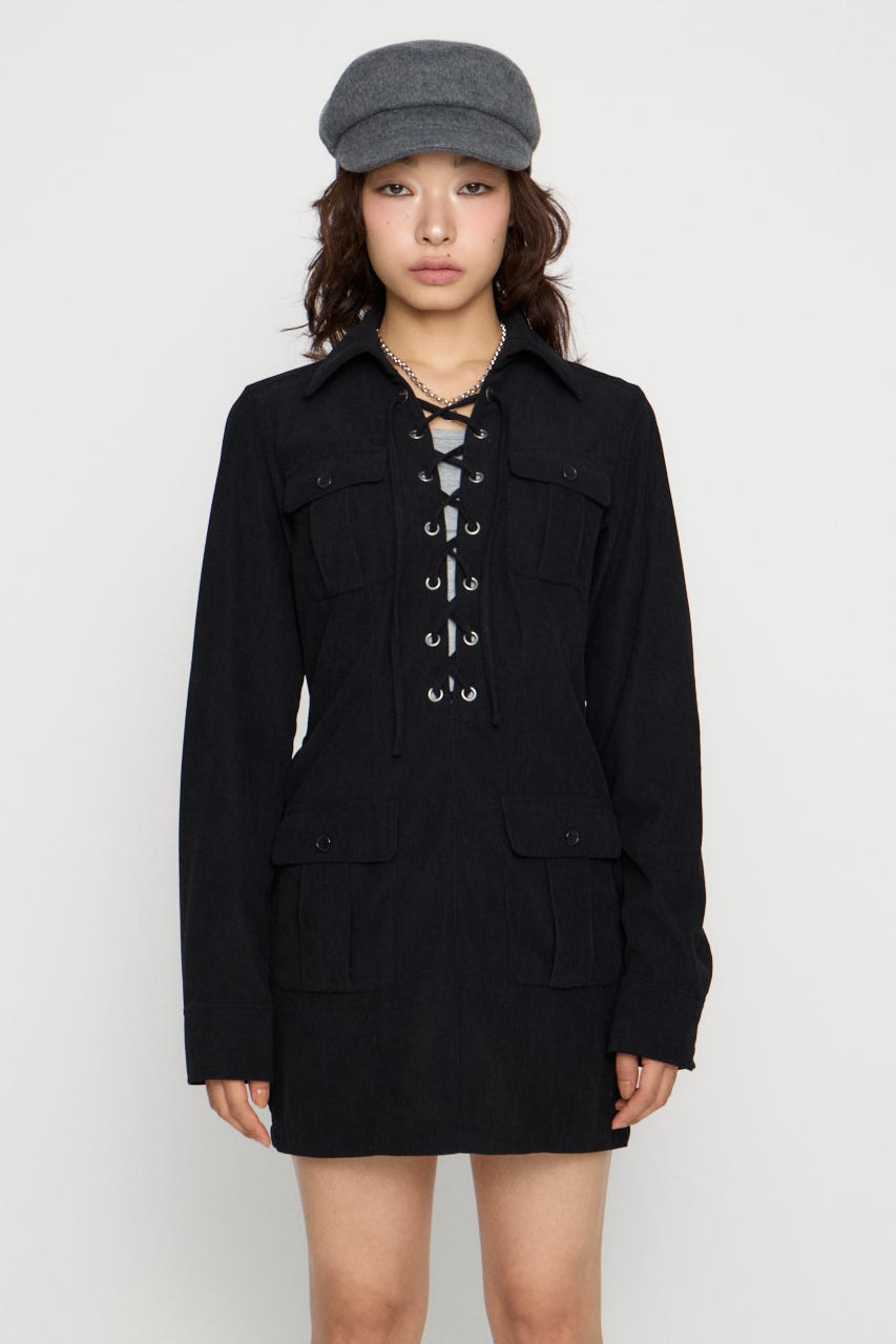 LACE UP CORDUROY ミニワンピース BLK S