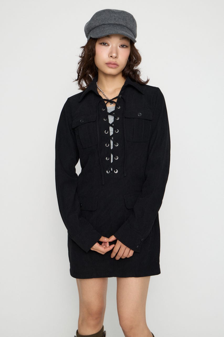 LACE UP CORDUROY ミニワンピース BLK S