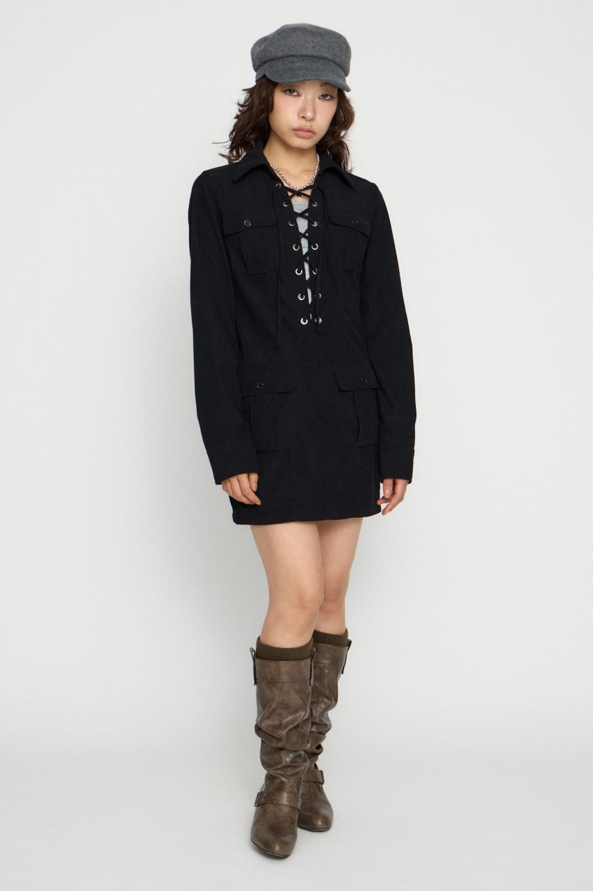LACE UP CORDUROY ミニワンピース BLK S