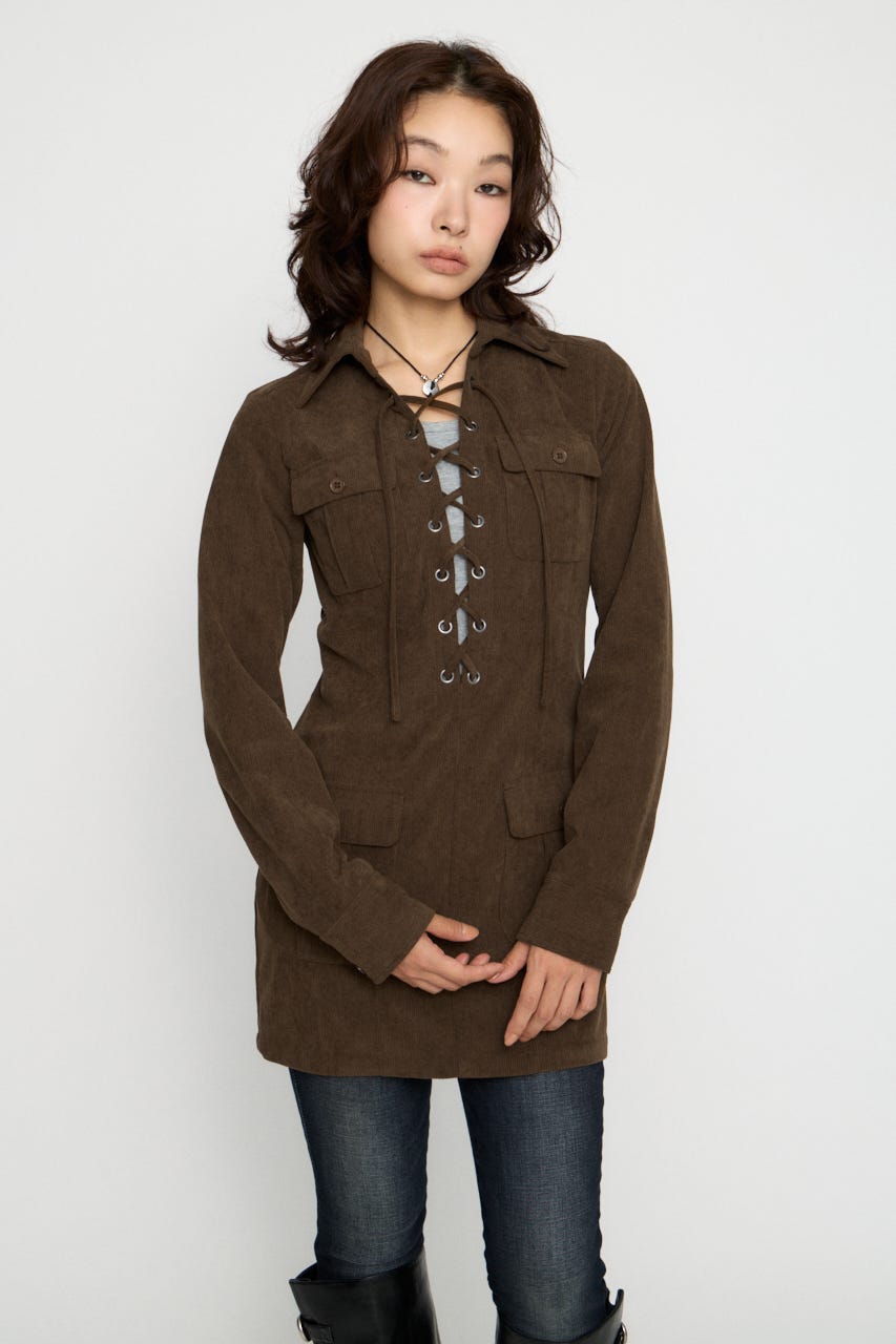 LACE UP CORDUROY ミニワンピース BRN S