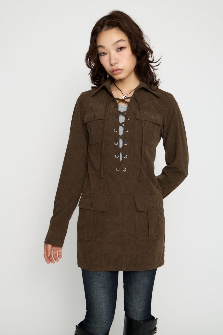 LACE UP CORDUROY ミニワンピース BRN S