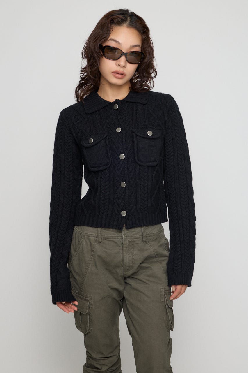 CABLE BUTTON KNIT トップス BLK FREE