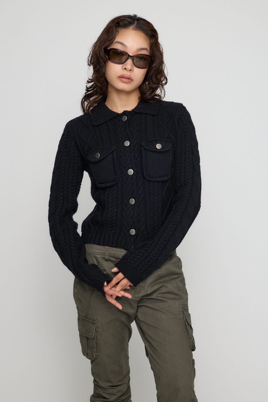 CABLE BUTTON KNIT トップス BLK FREE