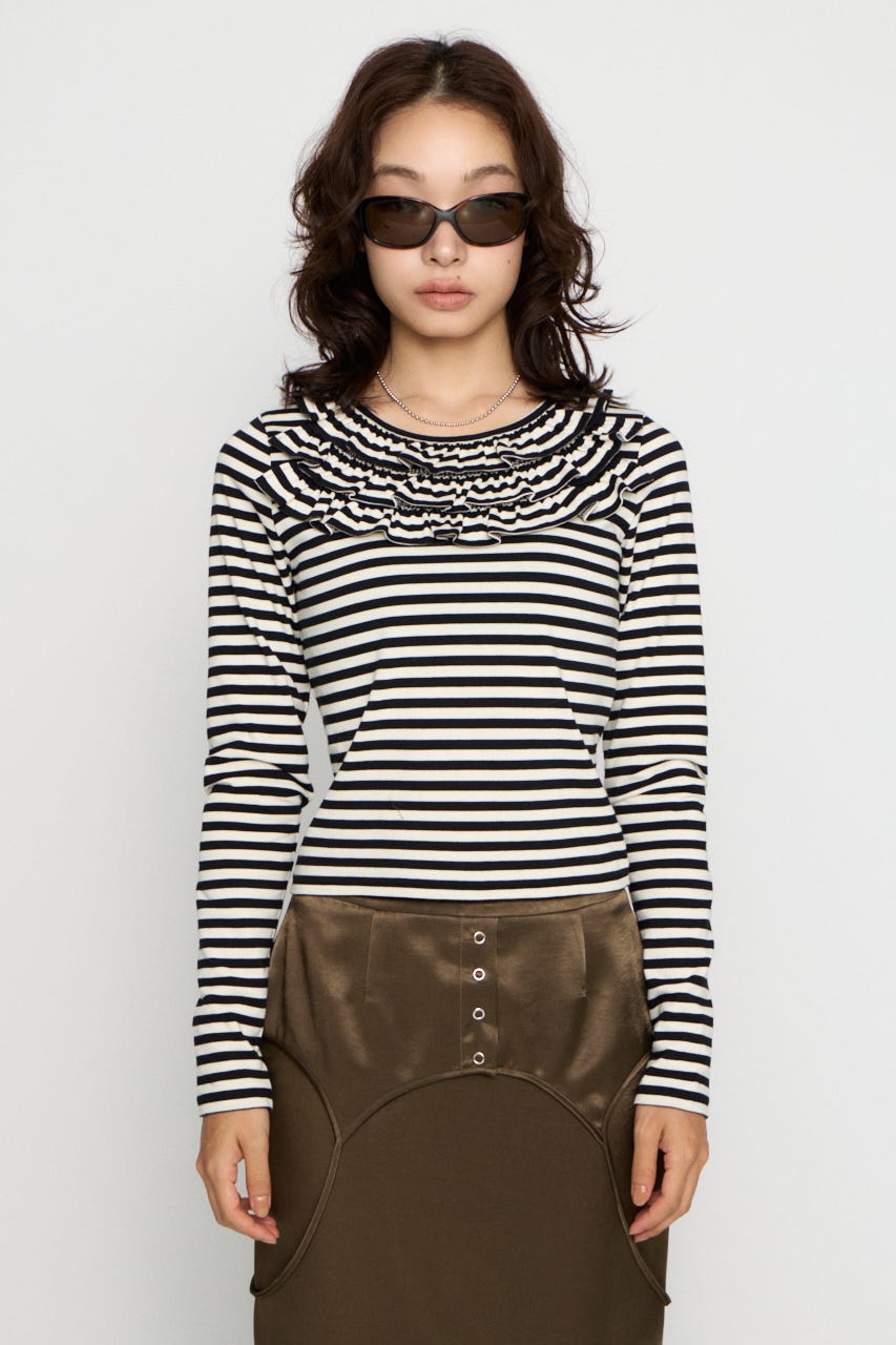 BORDER FRILL CUT トップス BLK FREE