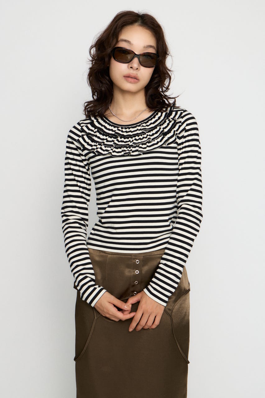 BORDER FRILL CUT トップス BLK FREE