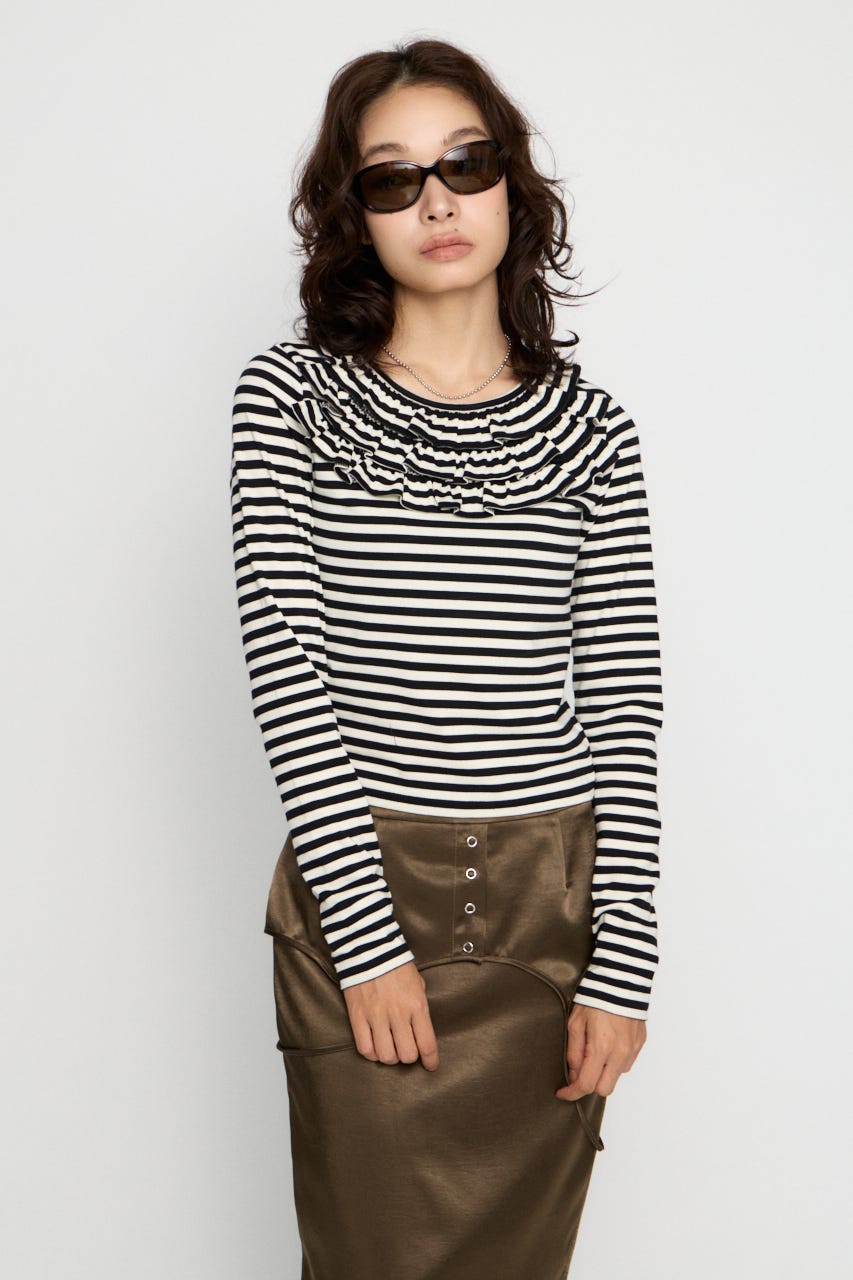 BORDER FRILL CUT トップス BLK FREE