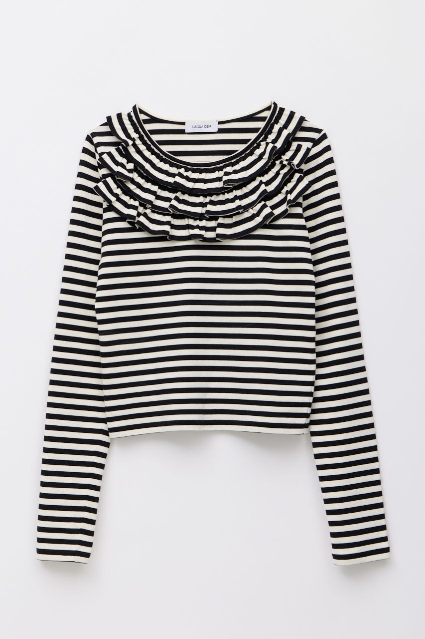 BORDER FRILL CUT トップス BLK FREE