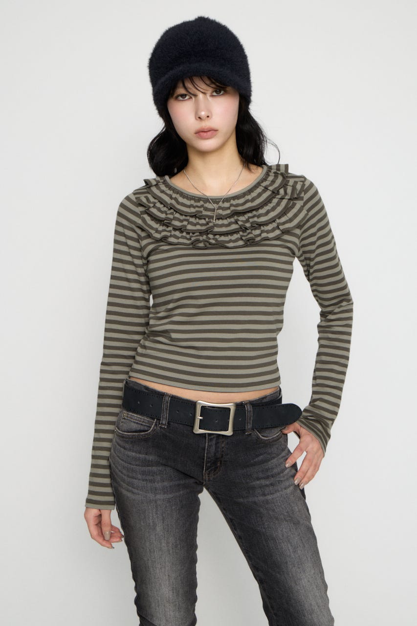 BORDER FRILL CUT トップス GRY FREE