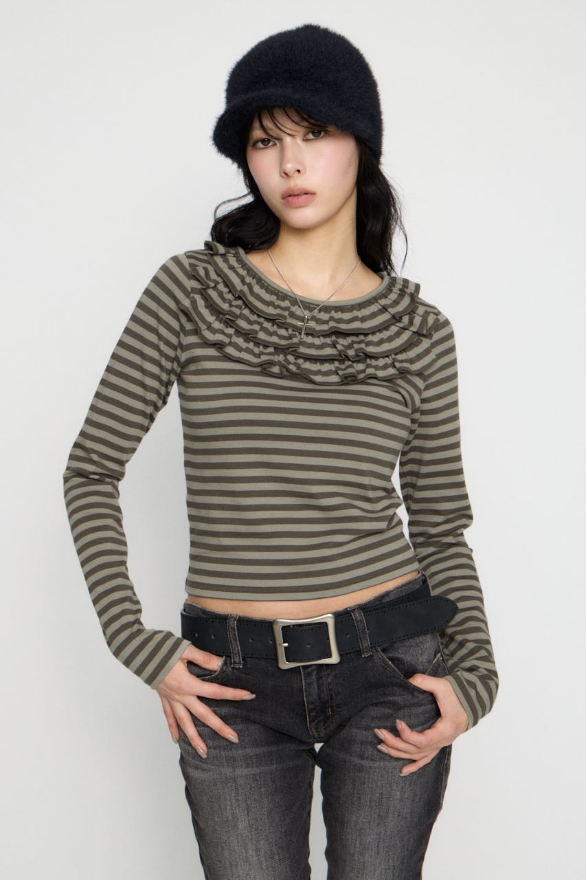 BORDER FRILL CUT トップス GRY FREE