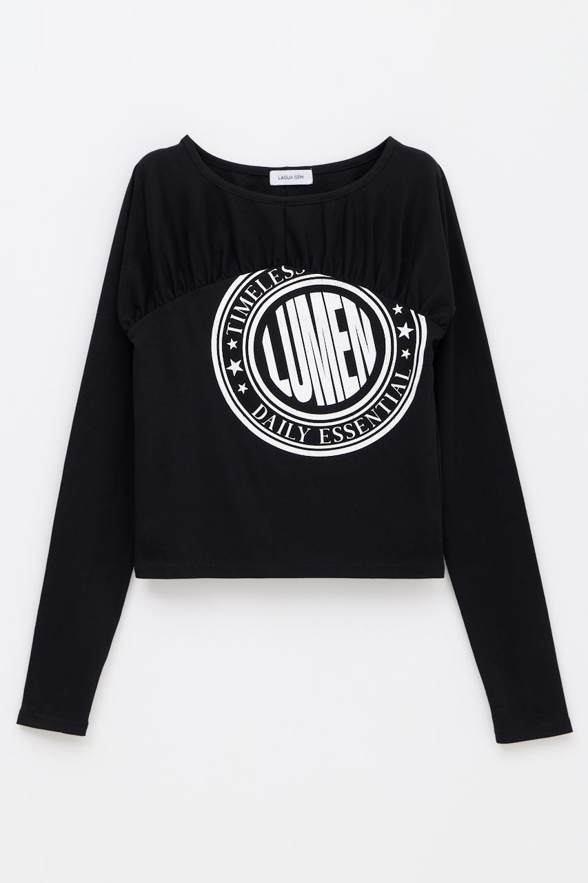 SWITCHING GATHER PRINT トップス BLK FREE