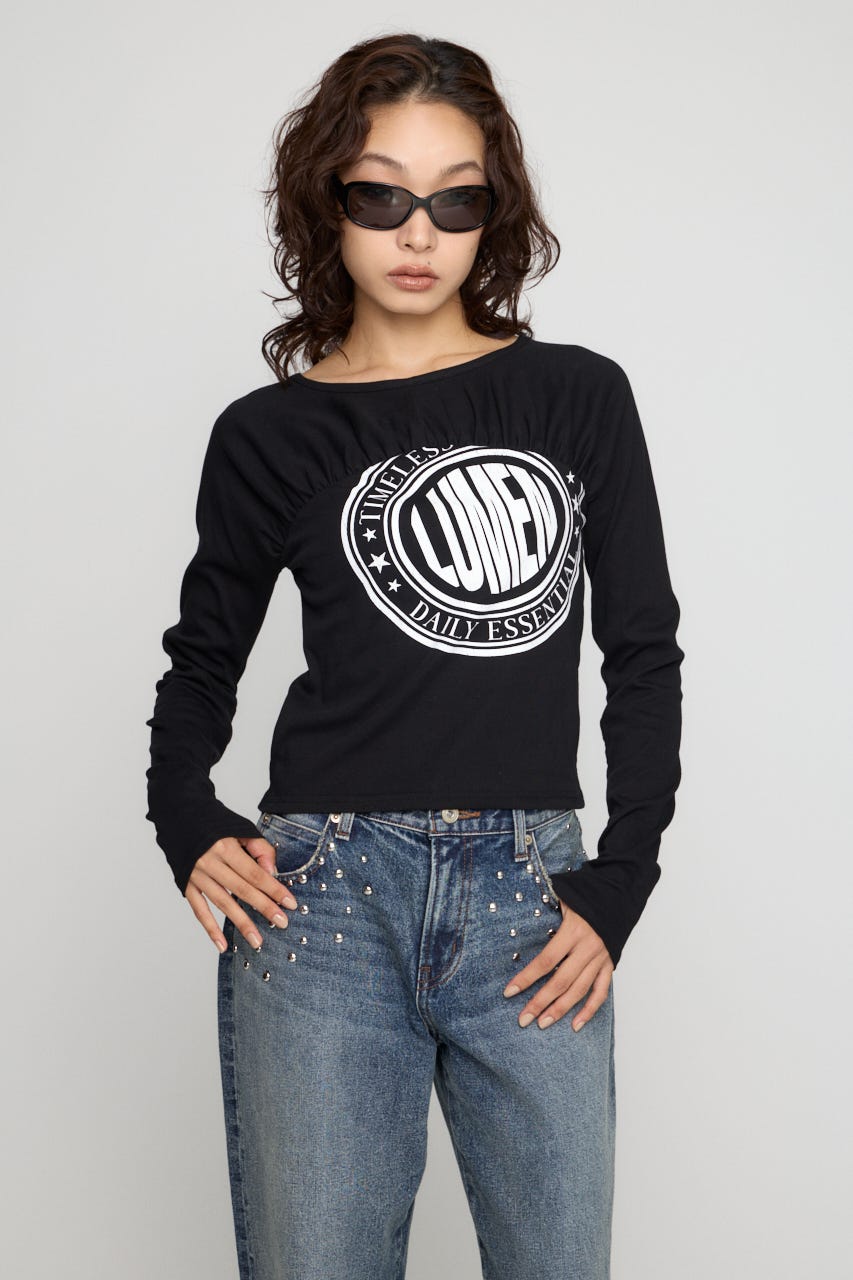 SWITCHING GATHER PRINT トップス BLK FREE