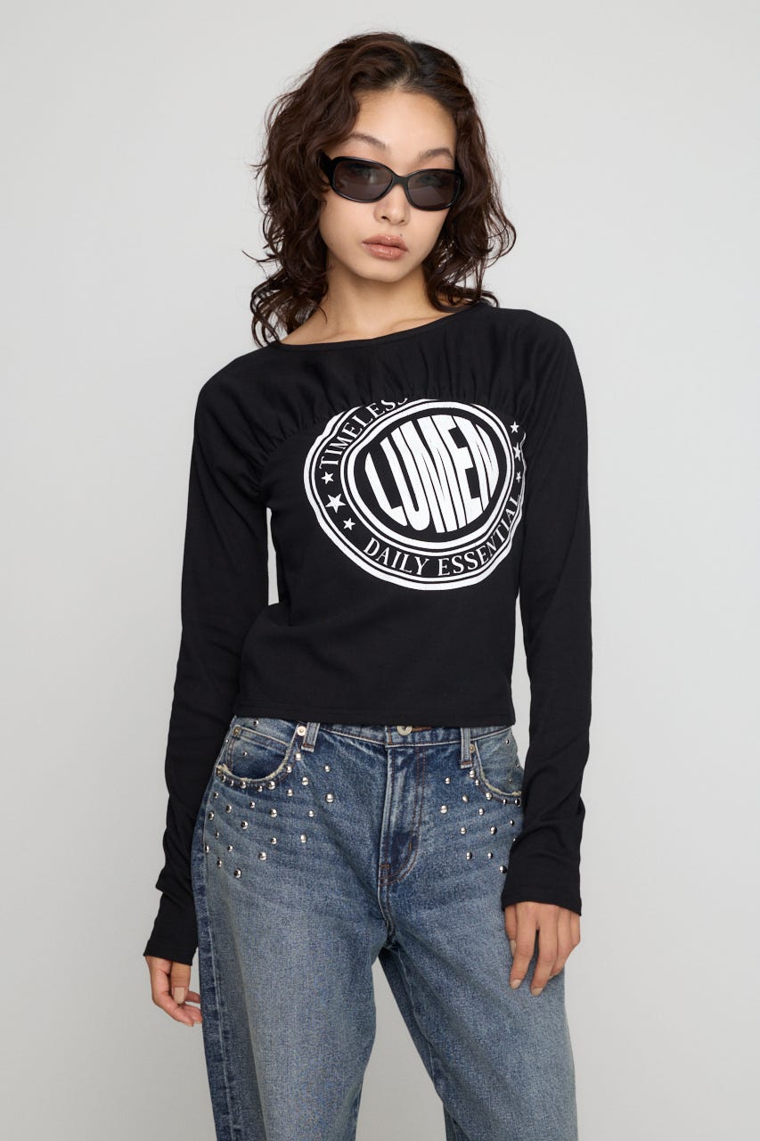 SWITCHING GATHER PRINT トップス BLK FREE