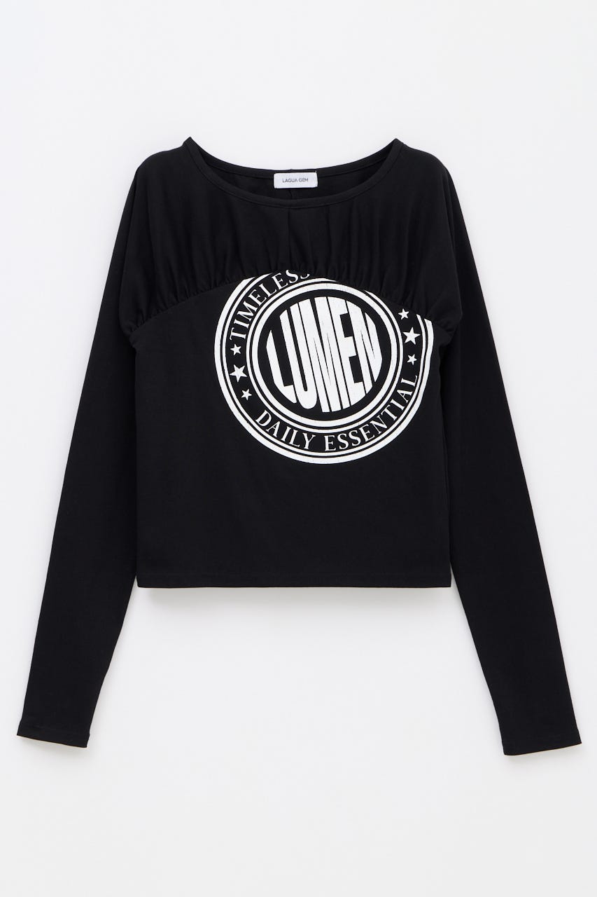 SWITCHING GATHER PRINT トップス BLK FREE
