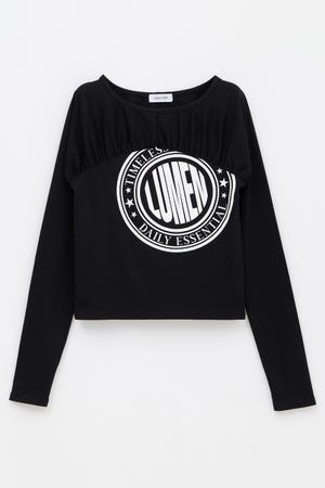 SWITCHING GATHER PRINT トップス