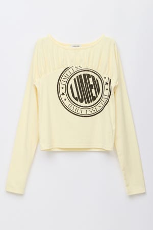 SWITCHING GATHER PRINT トップス