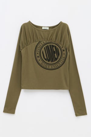 SWITCHING GATHER PRINT トップス