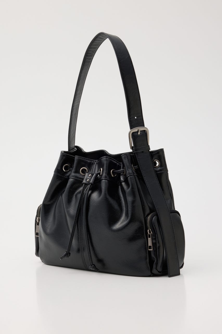DRAWSTRING FAUX LEATHER バッグ BLK FREE