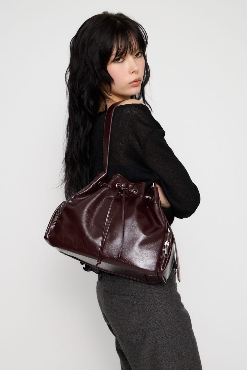 DRAWSTRING FAUX LEATHER バッグ D/RED FREE