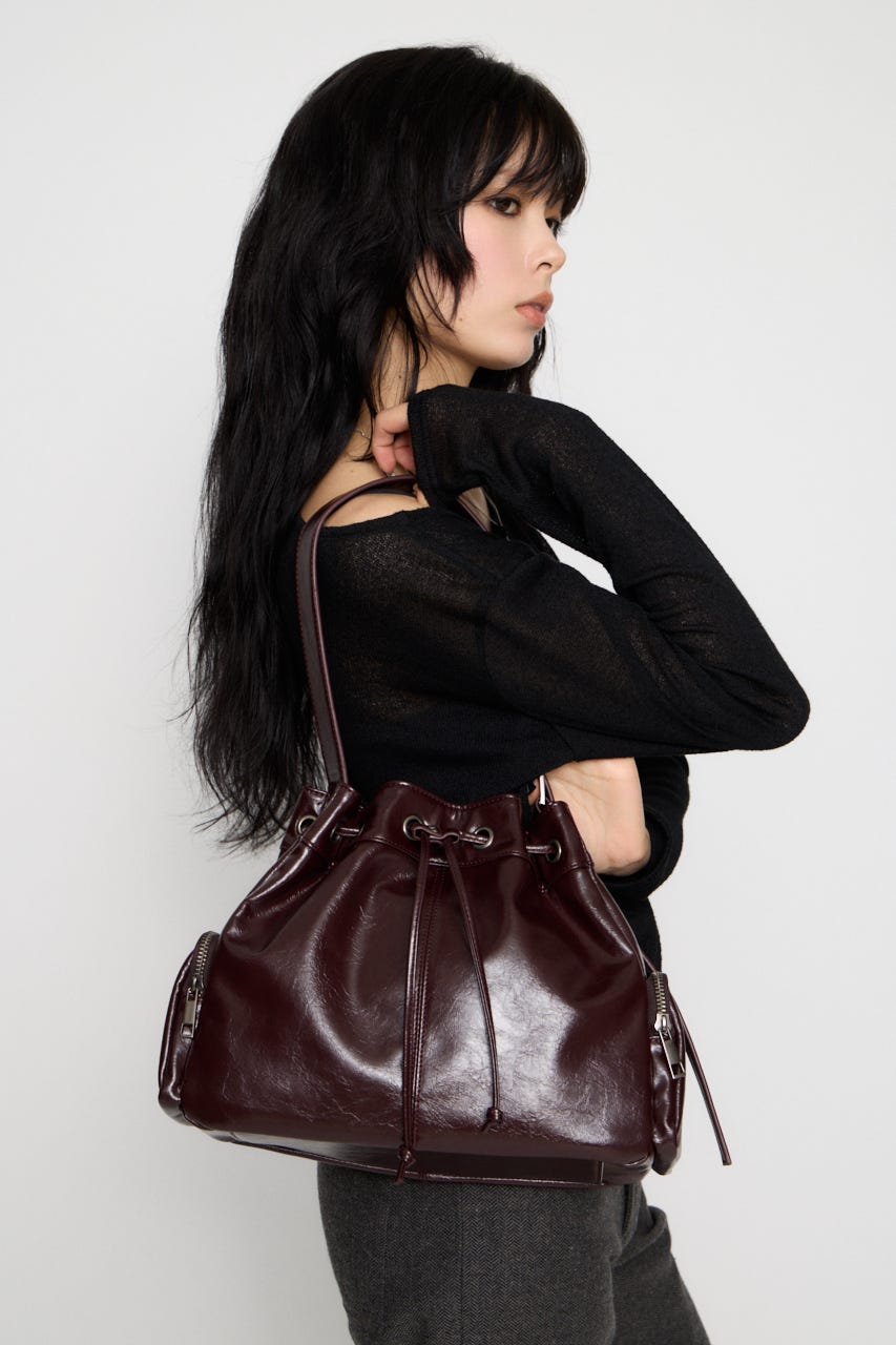 DRAWSTRING FAUX LEATHER バッグ D/RED FREE