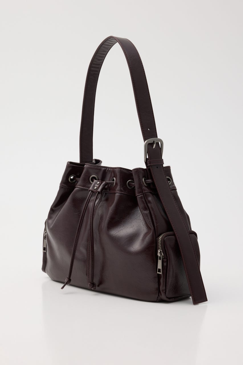 DRAWSTRING FAUX LEATHER バッグ D/RED FREE