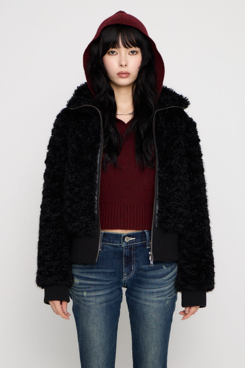 FRONT ZIP FAUX FUR ブルゾン BLK FREE