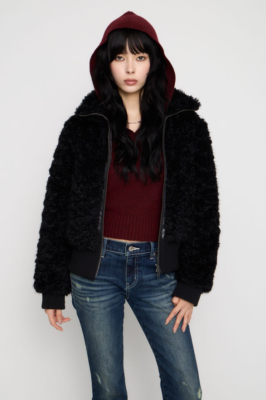 FRONT ZIP FAUX FUR ブルゾン BLK FREE