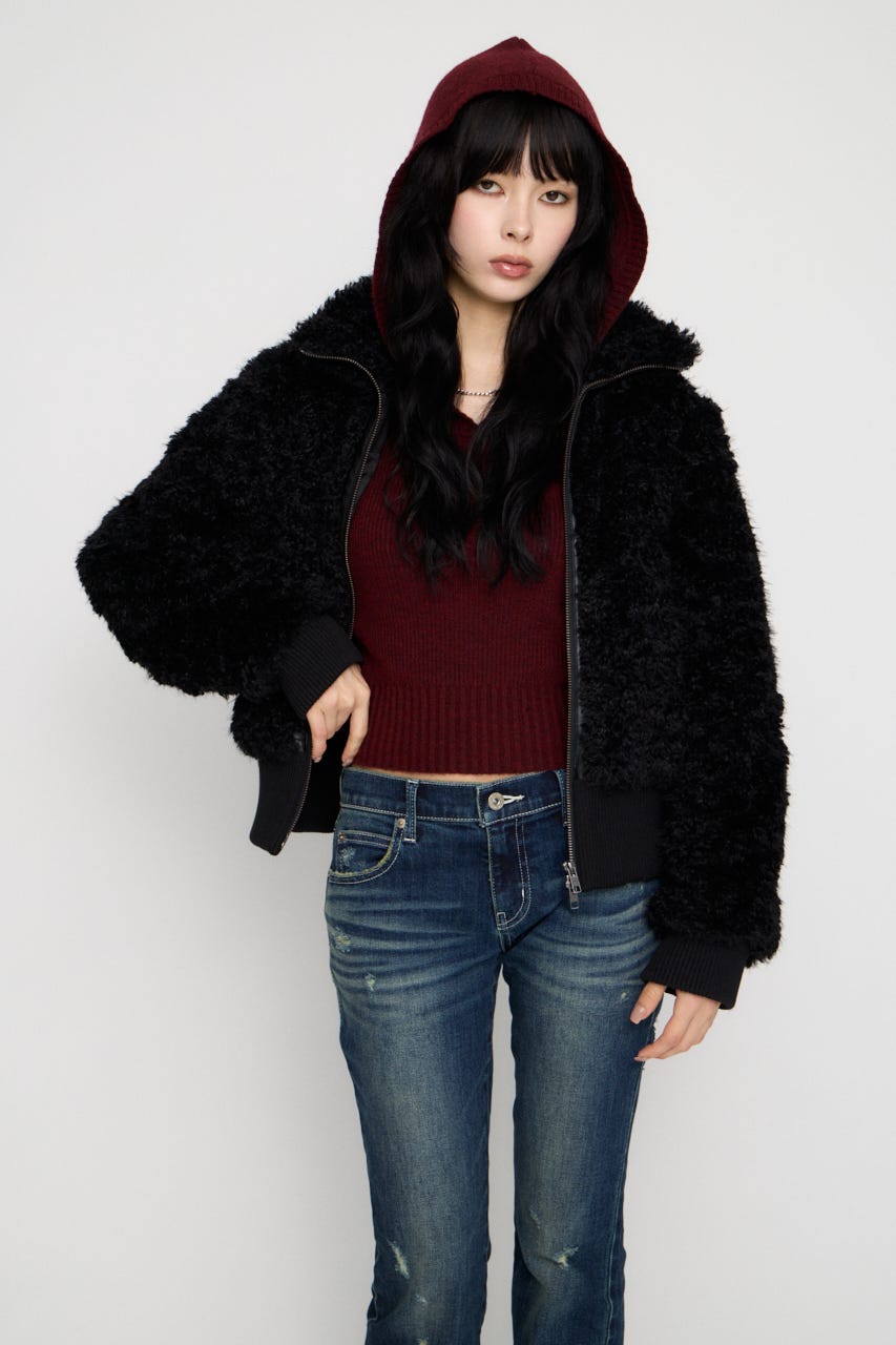 FRONT ZIP FAUX FUR ブルゾン BLK FREE