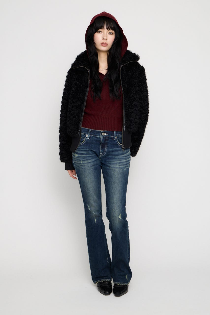 FRONT ZIP FAUX FUR ブルゾン BLK FREE