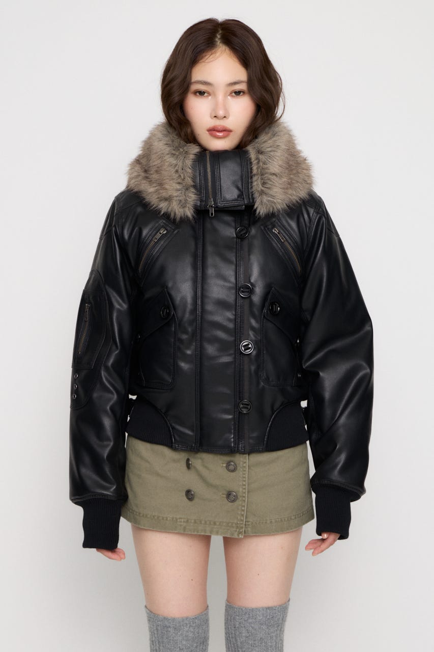 BUTTON UP FAUX LEATHER ブルゾン BLK FREE