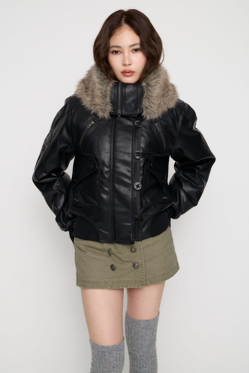 BUTTON UP FAUX LEATHER ブルゾン BLK FREE