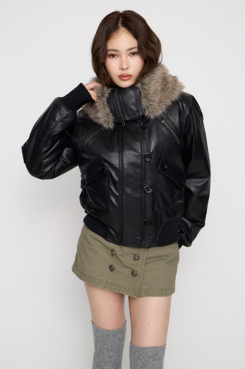 BUTTON UP FAUX LEATHER ブルゾン BLK FREE