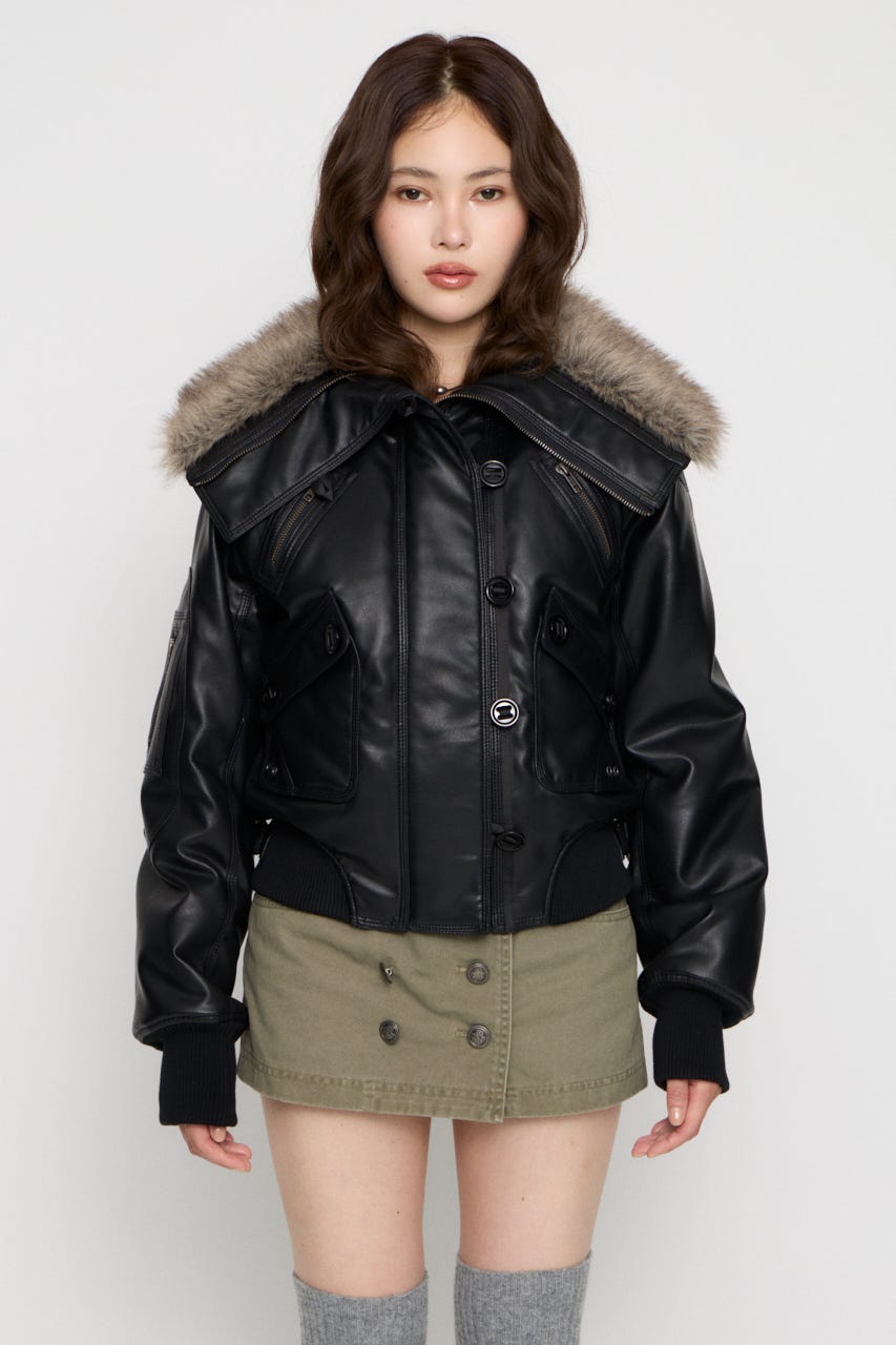 BUTTON UP FAUX LEATHER ブルゾン BLK FREE