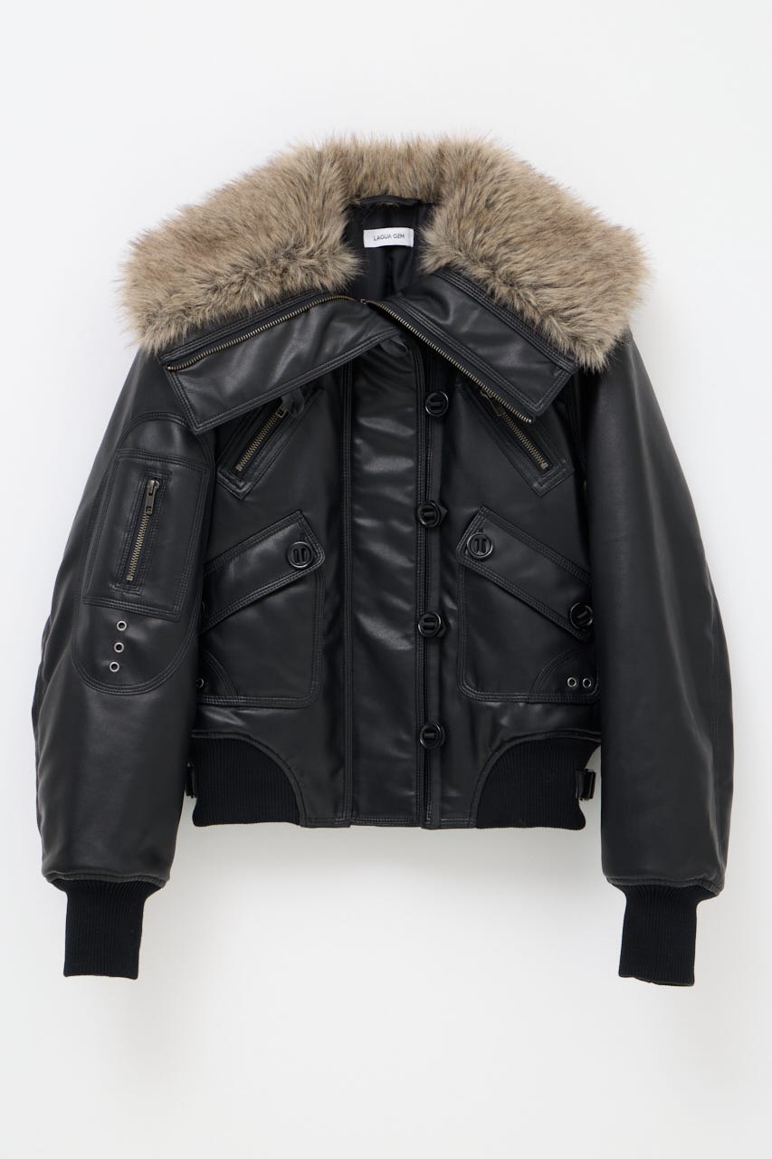 BUTTON UP FAUX LEATHER ブルゾン BLK FREE