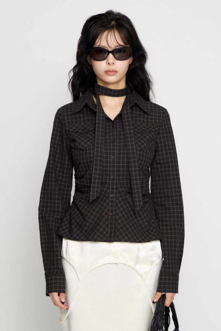 CHECK SIDE GATHER TIE シャツ BLK FREE