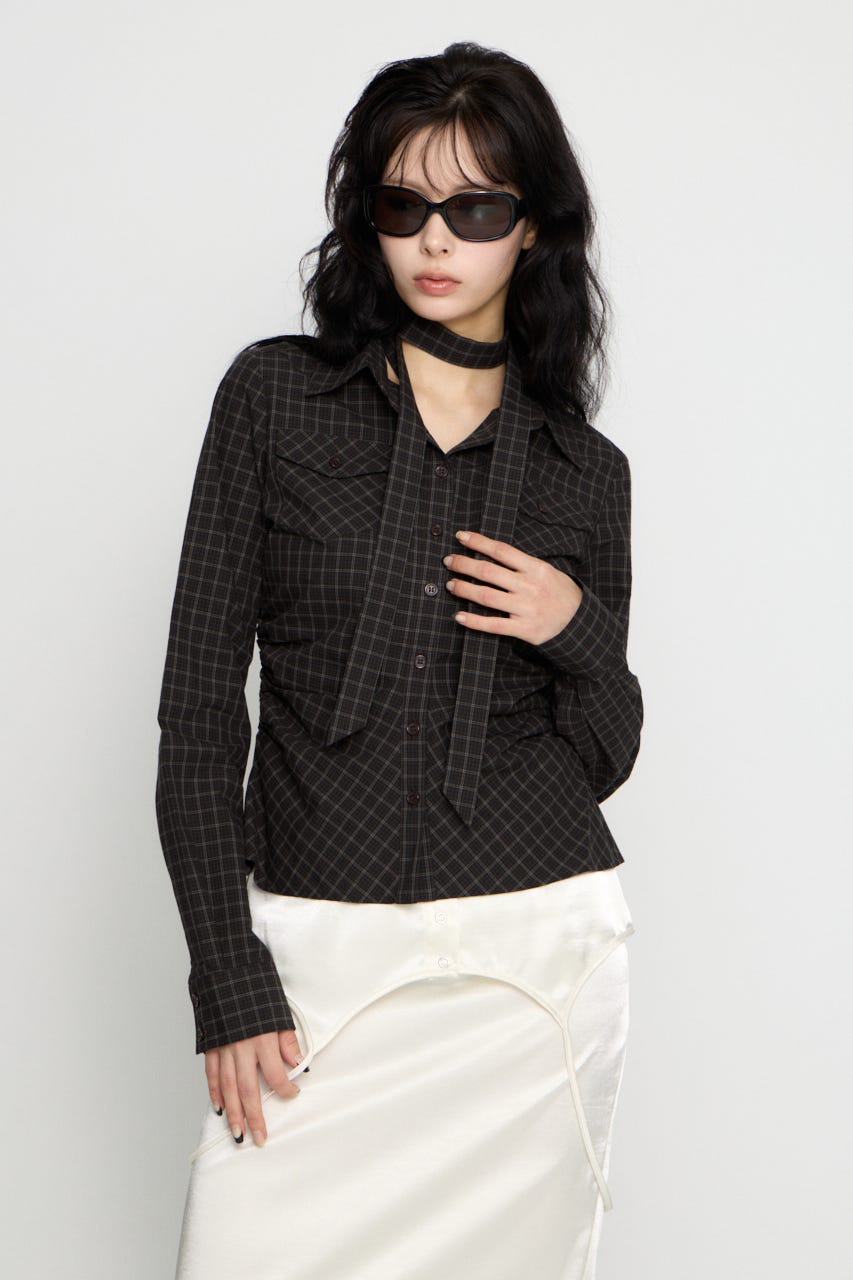 CHECK SIDE GATHER TIE シャツ BLK FREE