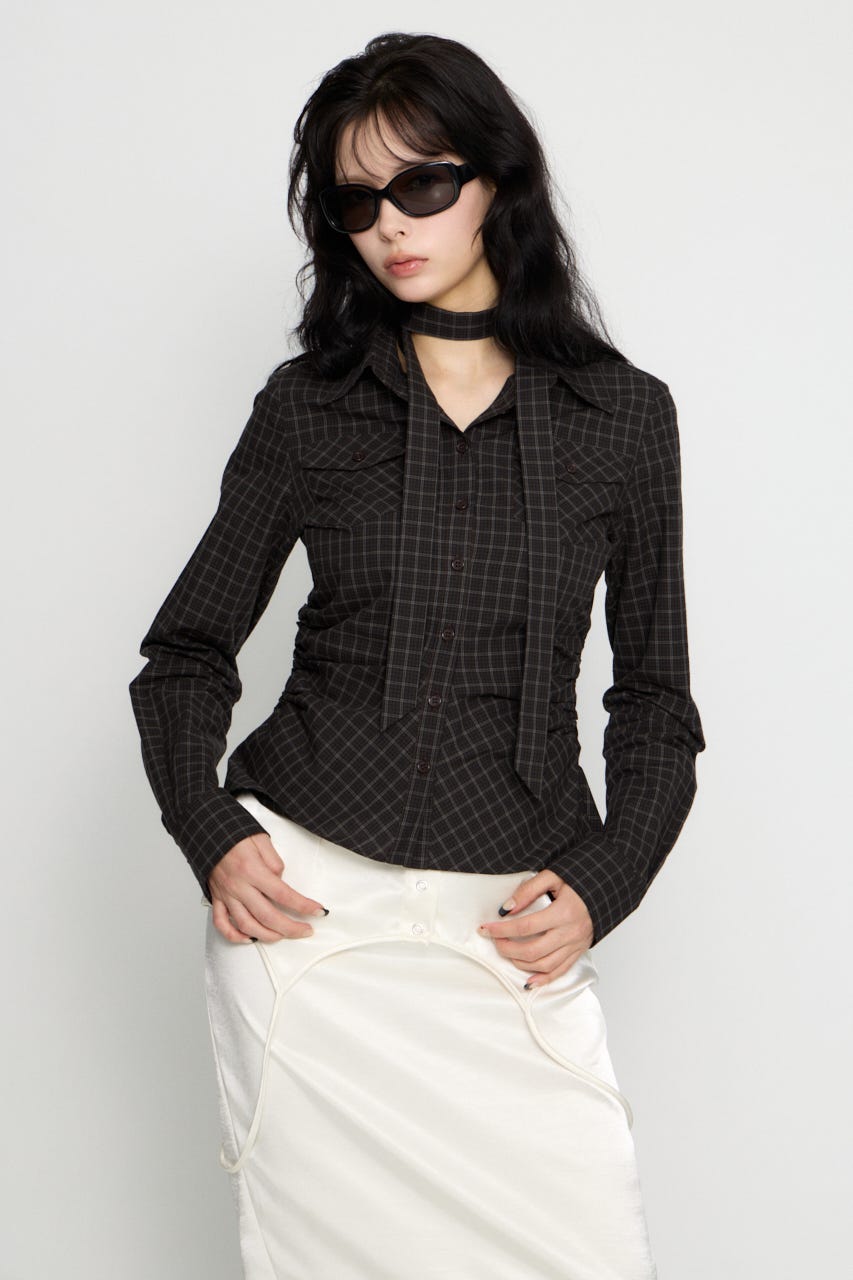 CHECK SIDE GATHER TIE シャツ BLK FREE