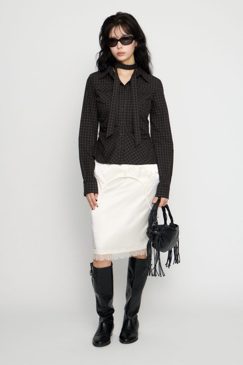 CHECK SIDE GATHER TIE シャツ BLK FREE
